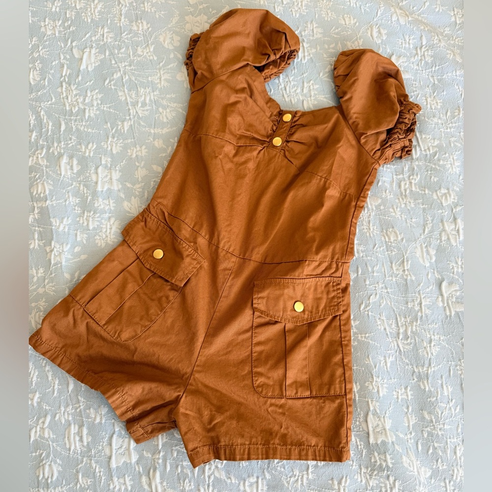 Janie and Jack Tan Romper with Puff Sleeves
